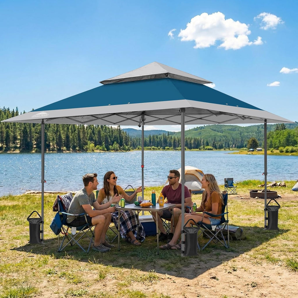EAGLE PEAK 13x13 Straight Leg Pop Up Canopy Tent Instant Outdoor Canopy Easy Single Person Set up Folding Shelter w/Auto Extending Eaves 169 Square Feet of Shade (Blue/Gray)