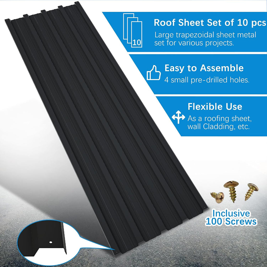 10 pcs Metal Roofing Panels 5ft Length Galvanized Steel Corrugated Roof Panels Gazebo Top Cover Garages,Sheds, Stables and Mobile Homes Replacement for Patio Outdoor Garden, Black