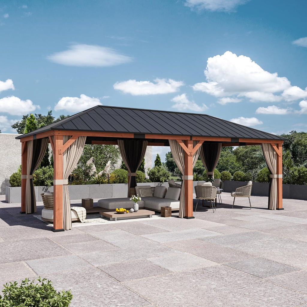 Big Leaf 12'x24' Wood Gazebo with Galvanized Steel Roof - Hardtop Gazebo with Cedar Frame Permanent Hardtop Pavilion with Mosquito Netting & Curtains for Garden, Backyard and Patio