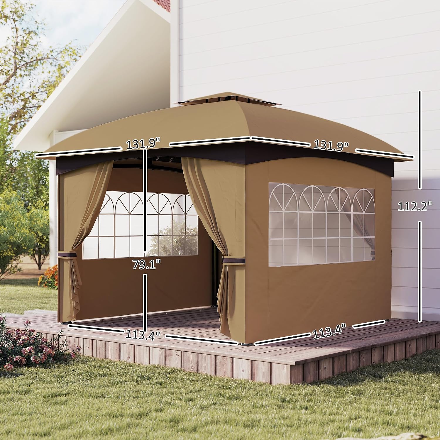 Outsunny 11' x 11' Outdoor Gazebo, Arc Patio Gazebo Canopy Shelter, UV Protected, with Curtains, Church Windows, Double Roof, Galvanized Steel Frame for Lawn, Backyard and Deck, Beige