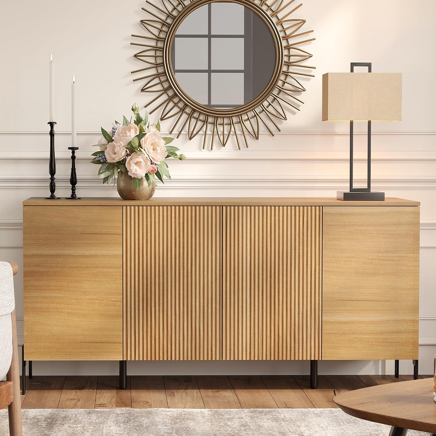 WAMPAT 61.6' TV Stand Cabinets for TVs up to 70 Inches, Entertainment Center with Storage Cabinets and 4 Doors, Mid Century Modern Media TV Console Table for Living Room Bedroom, Oak