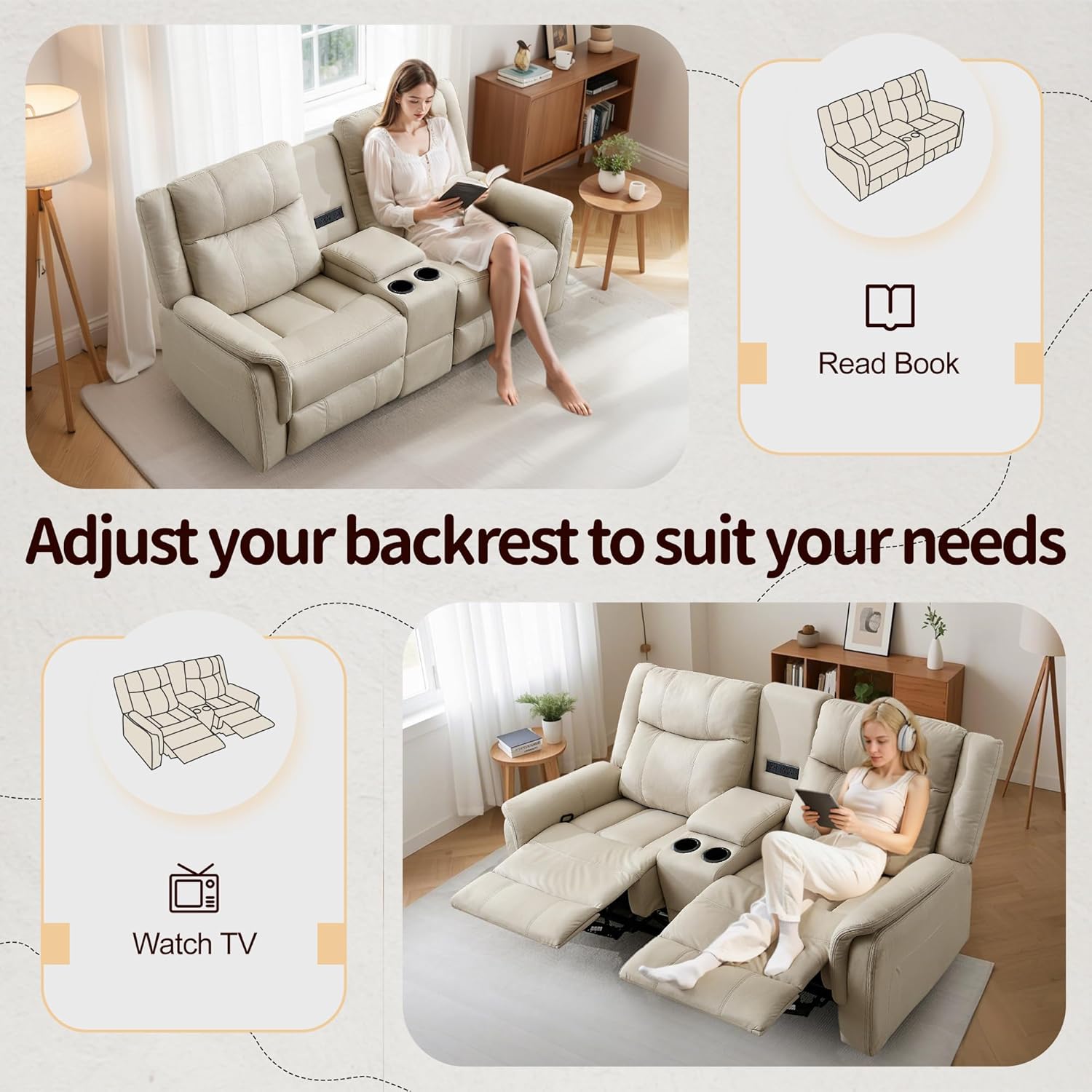 Korser Loveseat Recliner Sofa, Reclining Loveseat Couch, Reclining Couch with Console, USB Port, US Outlets, and Cup Holders, 2-Seater Sofa for Living Room (2-Seater, Khaki)