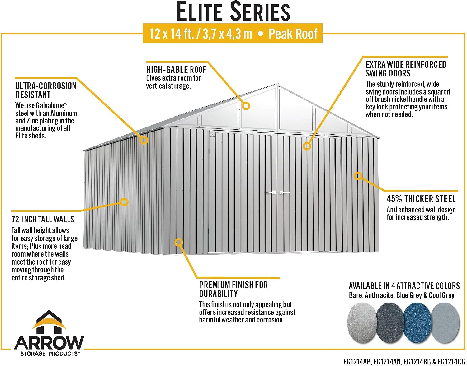 Arrow Shed Elite 12' x 14' Tall Outdoor Steel Storage Shed with High Gable and Lockable Doors Storage Building, Anthracite
