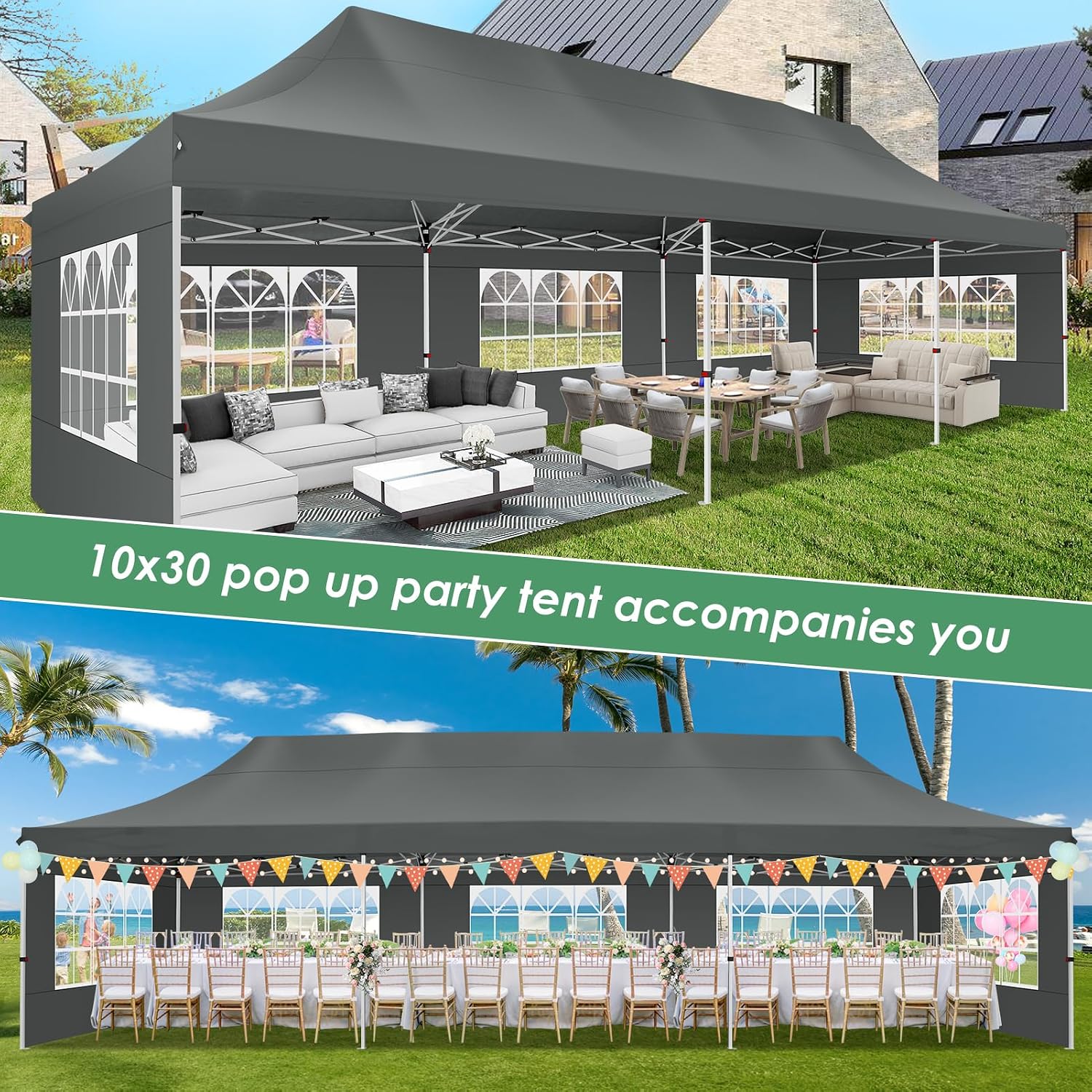 COBIZI Canopy Tent 10x30 Pop Up Canopy with 8 Removable Sidewalls Party Tents for Parties Wedding Patio Commercial Waterproof and UV50+ Ez Outdoor Instant Gazebo with Roller Bag & 4 Sandbags（Grey）