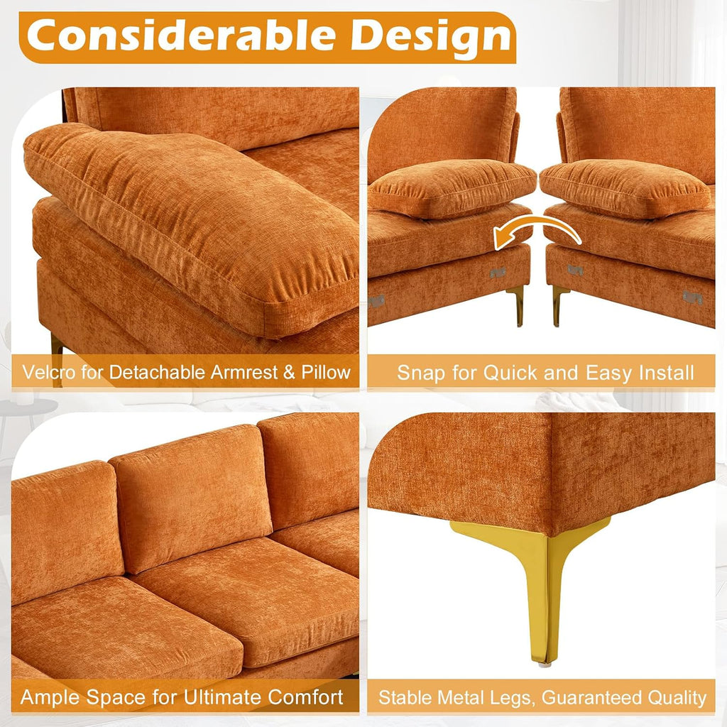 VINGLI 110' Sectional Couches for Living Room,U Shape Couch with Double Chaise, 4-Seat Sofa Set with Chenille Fabric for Home Furniture,Burnt Orange