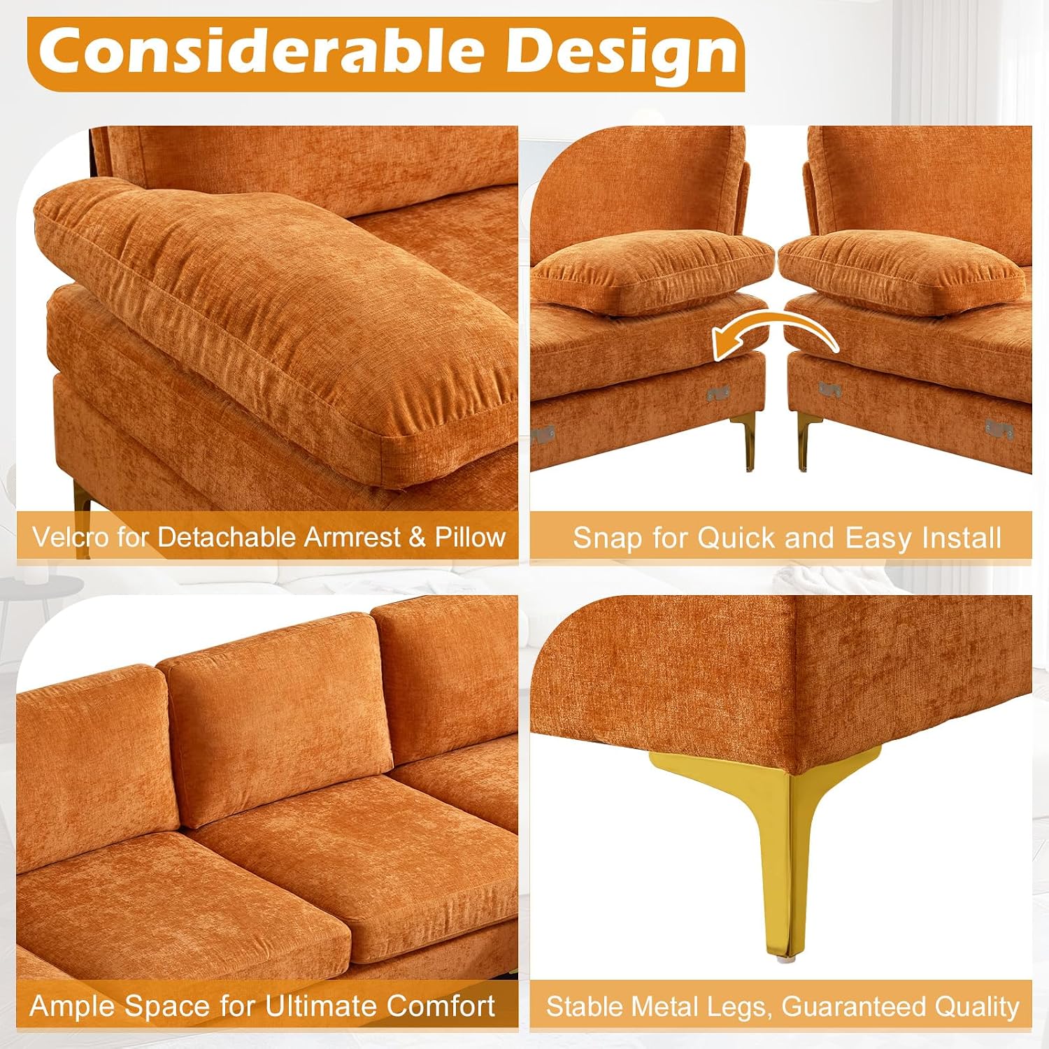 VINGLI 110' Sectional Couches for Living Room,U Shape Couch with Double Chaise, 4-Seat Sofa Set with Chenille Fabric for Home Furniture,Burnt Orange