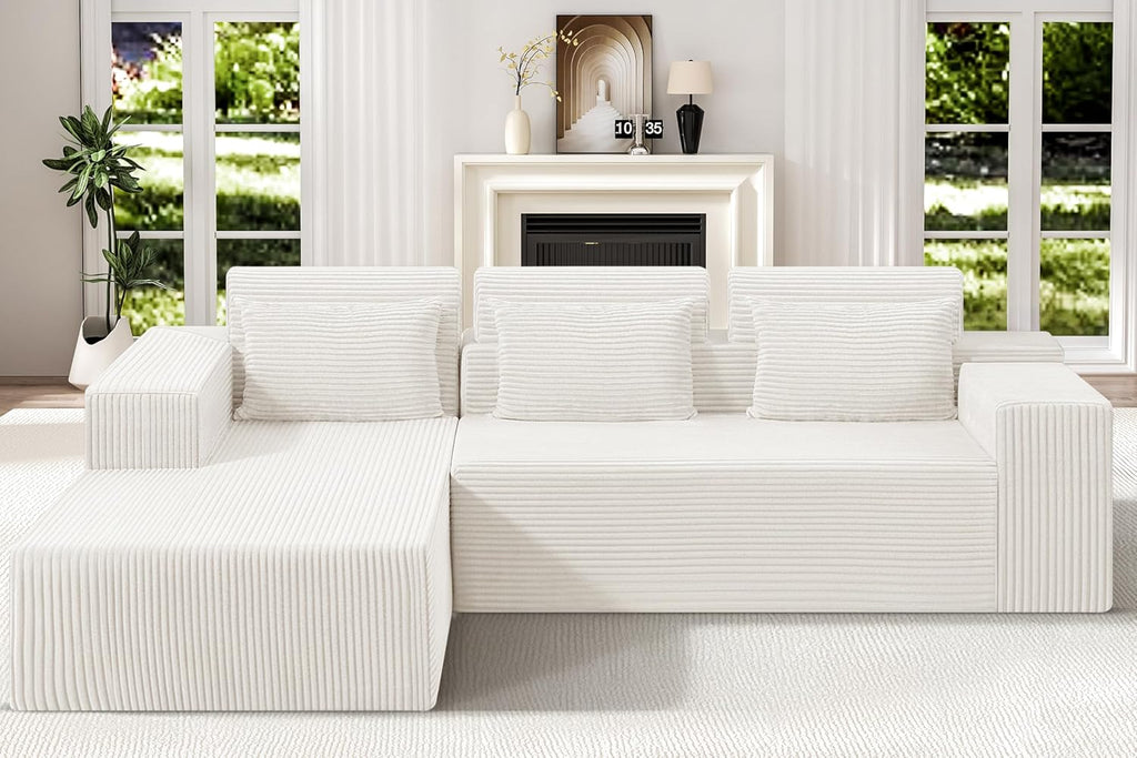 Homguava Modular Sectional Couches for Living Room,105' Cloud Couch with L-Shape Chaise,Comfy Sofa Living Room Sofas with Deep Seat,No Assembly L Couch,Corduroy Fabric(Beige,L)