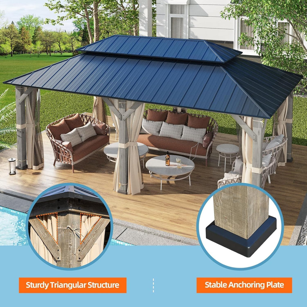 YOLENY 12' x 20' Outdoor Hardtop Gazebo, Cedar Wood Framed Gazebo with Powder Coated Metal Roof for Gardens, Patios, Lawns,Vintage Grey