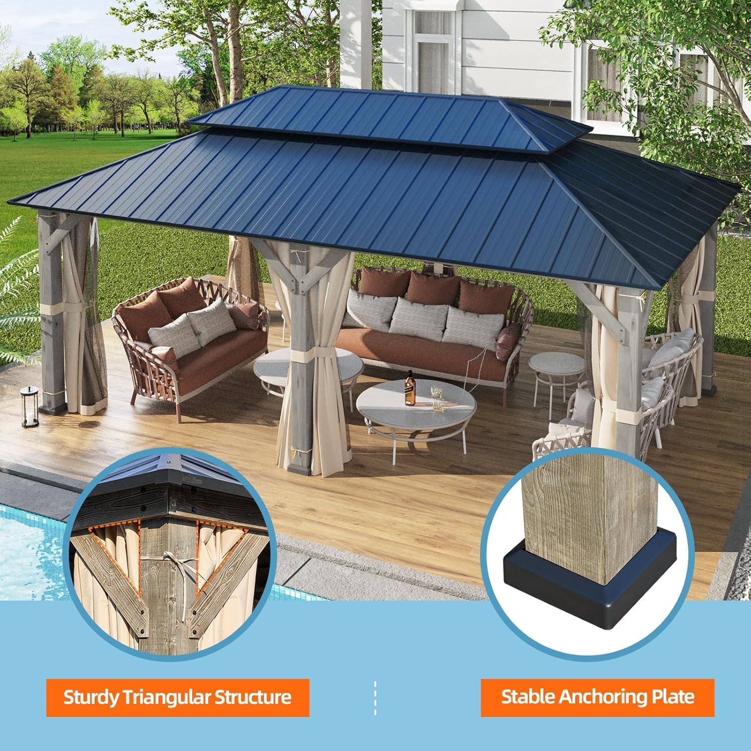 YOLENY 12' x 20' Outdoor Hardtop Gazebo, Cedar Wood Framed Gazebo with Powder Coated Metal Roof for Gardens, Patios, Lawns,Vintage Grey