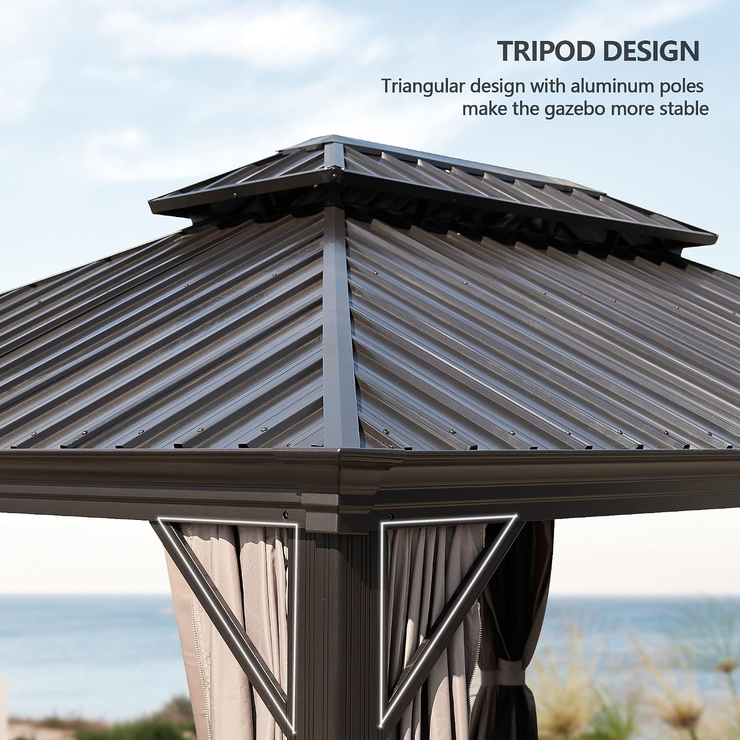 Ulax Furniture 12' x 16' Outdoor Gazebo Patio Permanent Hardtop Pergola with Aluminum Frame Galvanized Steel Double Roof Mosquito Net and Privacy Curtain