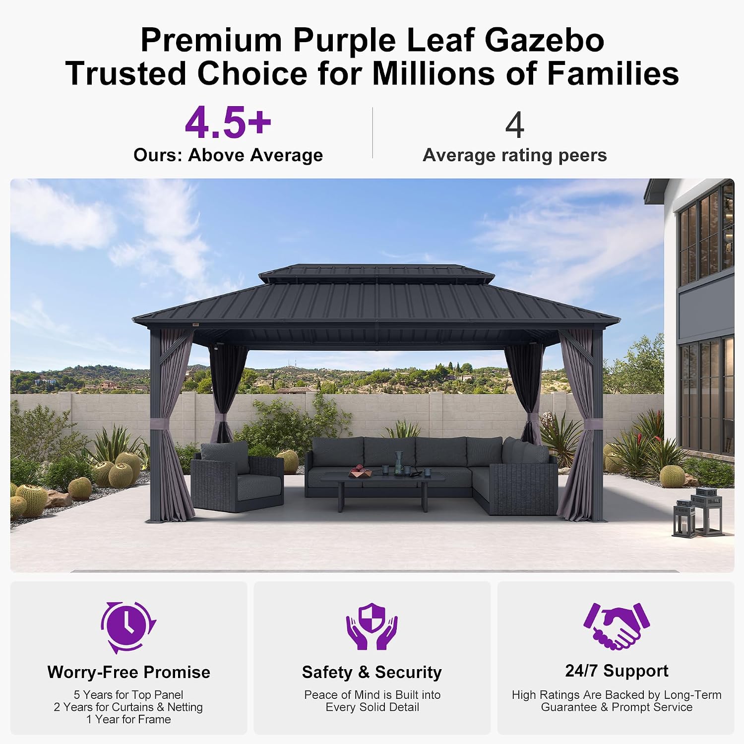 PURPLE LEAF 10'x16' Hardtop Gazebo with Lights Patio Outdoor Pavilion with Galvanized Steel Double Roof Includes Netting and Curtains for Garden Lawn Backyard Grey