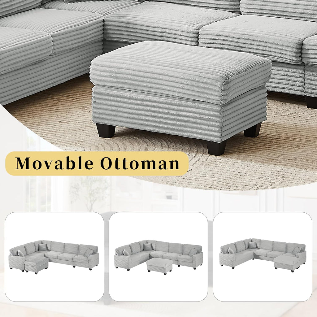 125.2' Sectional Sofa U-Shaped Upholstered Sofa L-Shaped Couch with a Movable Ottoman and Side Storage Pockets for Living Room, Grey