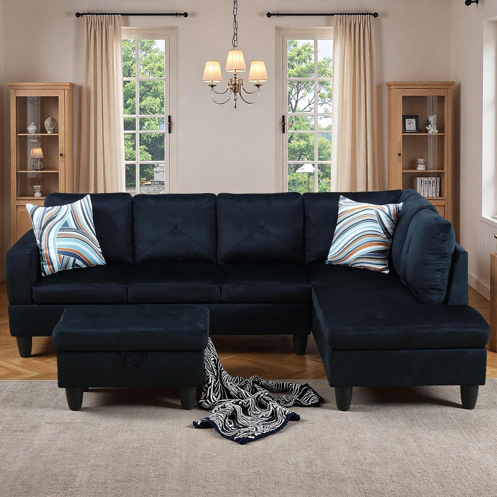 97' L Shaped Couch Set Velvet, Modular Sectional Couches for Living Room with Storage Ottoman, 4 Seat Home Sofa Living Room Furniture Sets with Chaise for Apartment Office (Blue Black)