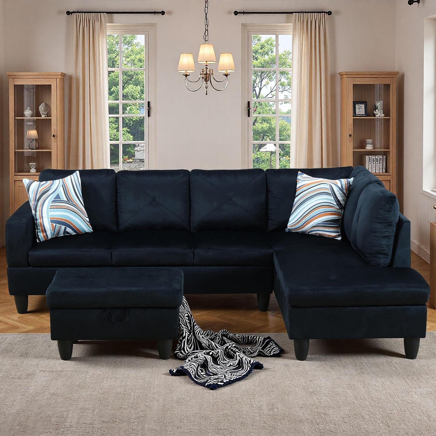 97' L Shaped Couch Set Velvet, Modular Sectional Couches for Living Room with Storage Ottoman, 4 Seat Home Sofa Living Room Furniture Sets with Chaise for Apartment Office (Blue Black)