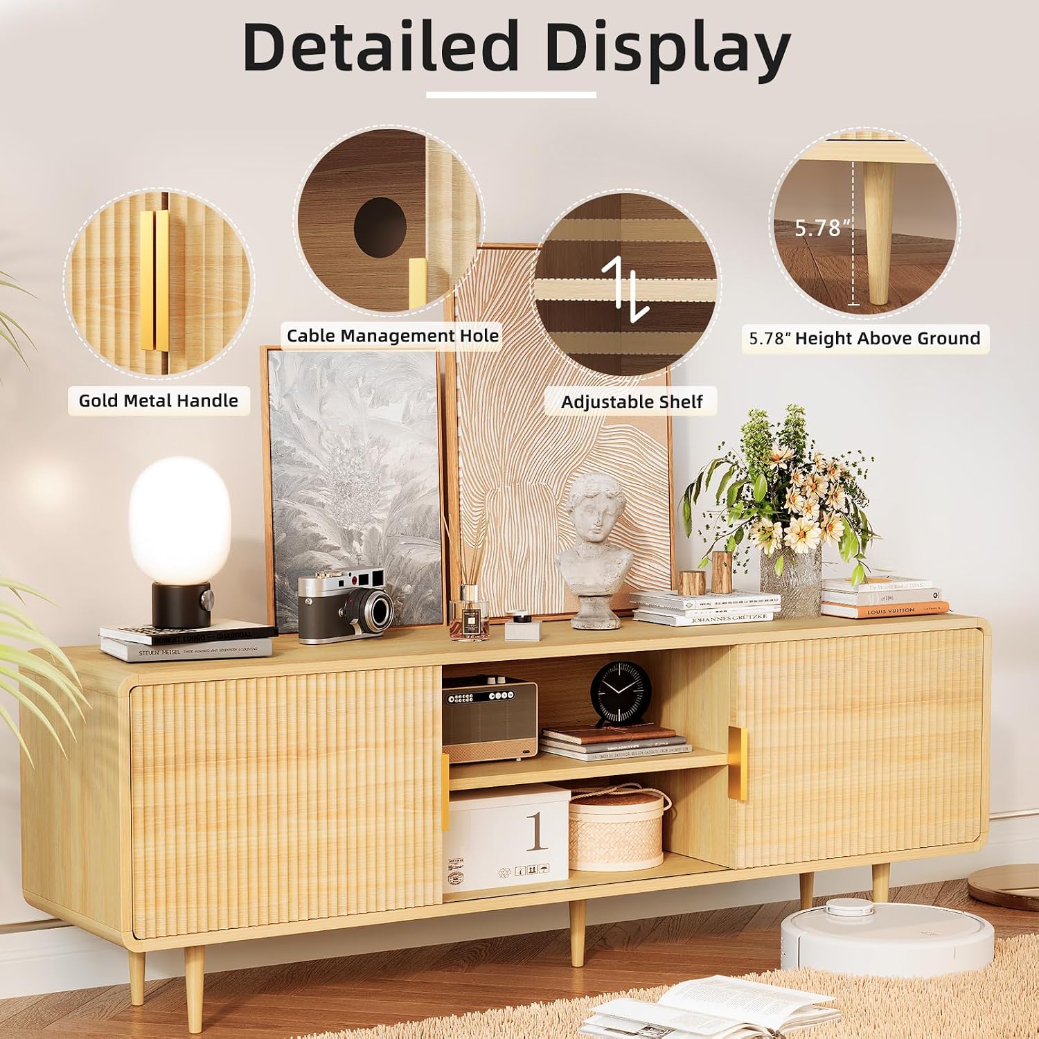 TV Stand for 65 Inch TV, Fluted TV Stand with Curved Profile Design, Wood Entertainment Center TV Console Table with Sliding Doors & Adjustable Shelves, TV Stand for Living Room Bedroom, Natural