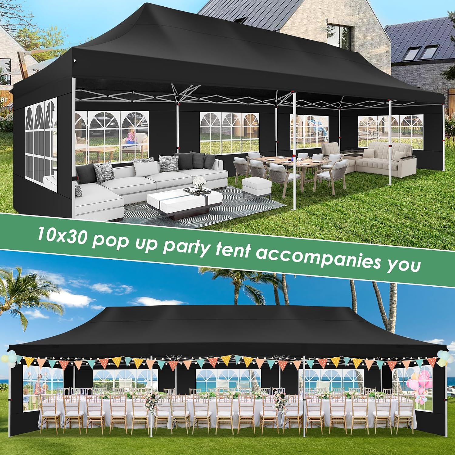 COBIZI Canopy Tent 10x30 Pop Up Canopy with 8 Removable Sidewalls Party Tents for Parties Wedding Patio Commercial Waterproof and UV50+ Ez Outdoor Instant Gazebo with Roller Bag & 4 Sandbags（Black）