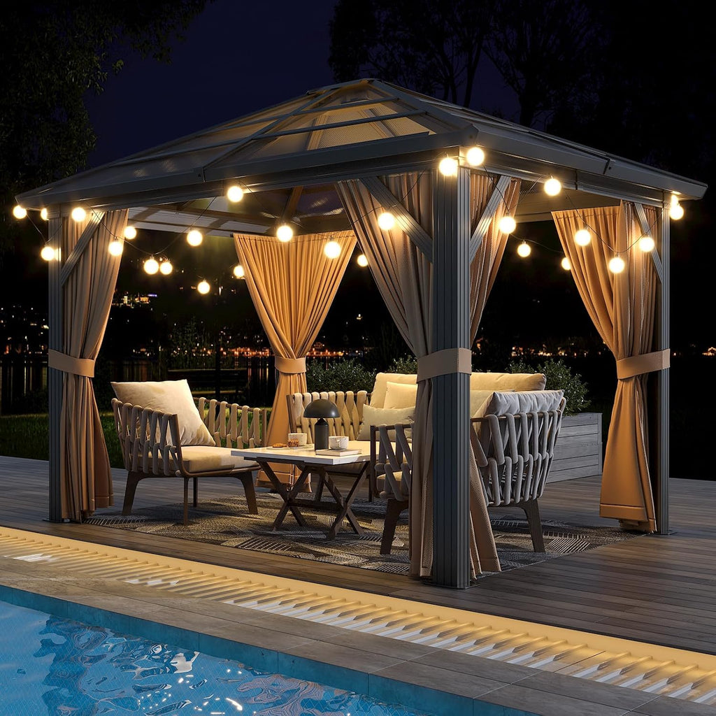 IDEALHOUSE 10' x 12' Hardtop Gazebo,Outdoor Canopy with Aluminum Frame,Polycarbonate Garden Tent with Mosquito Netting and Privacy Screen,Permanent Pavilion for Patio,Backyard,Lawn,Deck