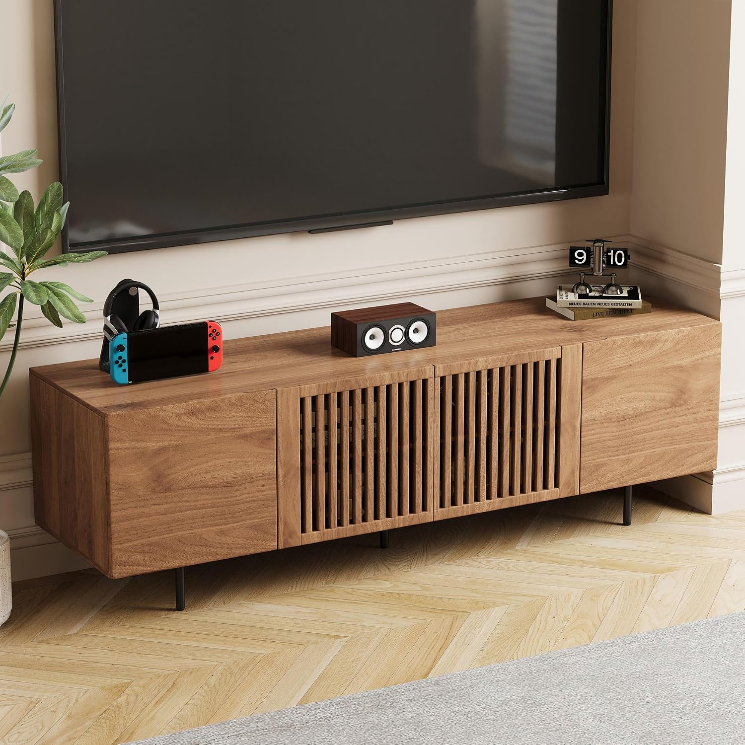 Mid Century Modern TV Stand for 70 Inch TVs, 70.87' Walnut Console with Ample Storage – Stylish Entertainment Center for Living Room or Bedroom