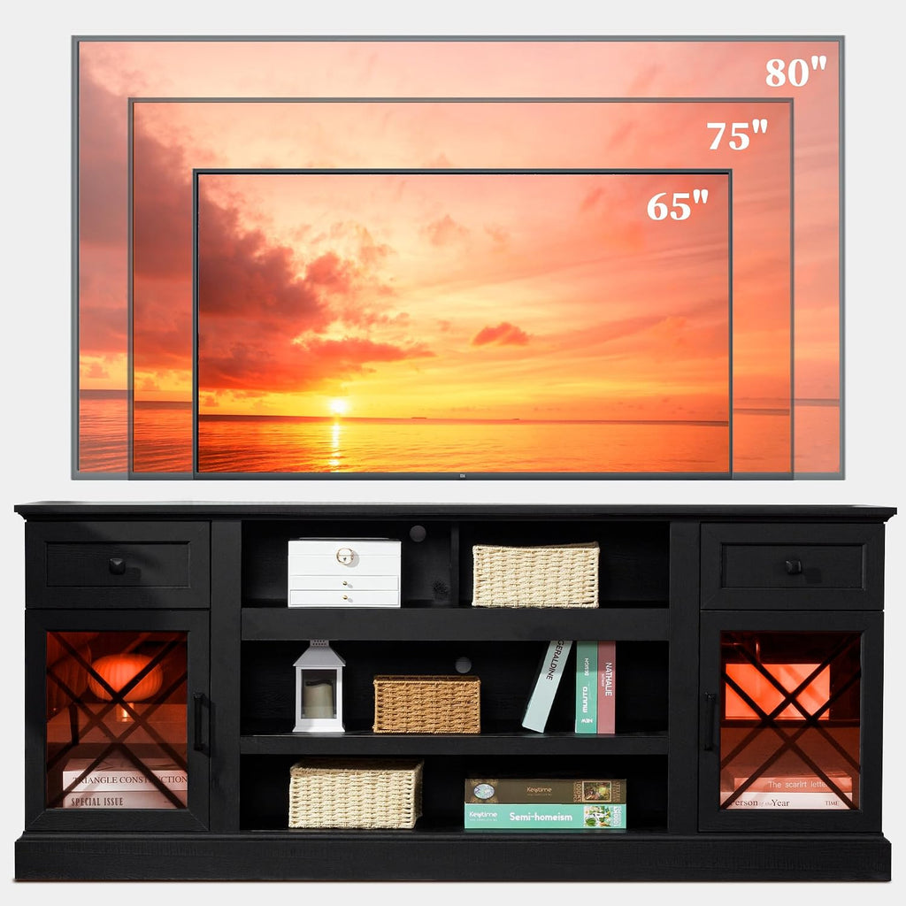 70 Inch Farmhouse TV Stand Table for 75 80 inch TV, Modern Entertainment Center with LED Lights and 2 Drawers, Wooden TV Stands for Living Room (Black)