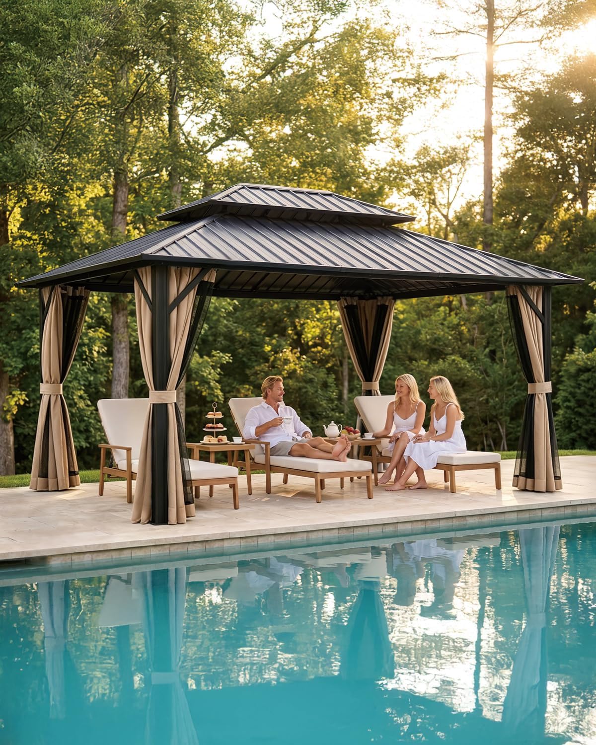 10' x 12' Hardtop Gazebo, Aluminum Frame Outdoor Patio Gazebo with Netting and Curtains, Outdoor Hardtop Gazebos, Patio Pergolas with Double Metal Roofs for Backyard, Patio, Deck, Sandstone