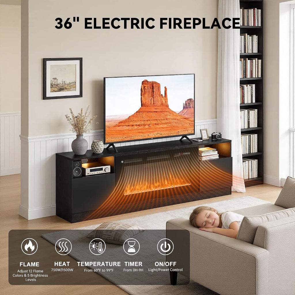 70' Fireplace TV Stand with 36' Electric Fireplace, LED Light Entertainment Center for TVs Up to 80', High-Gloss Door, Modern TV Console for Living Room with Storage Cabinet, Black+Black