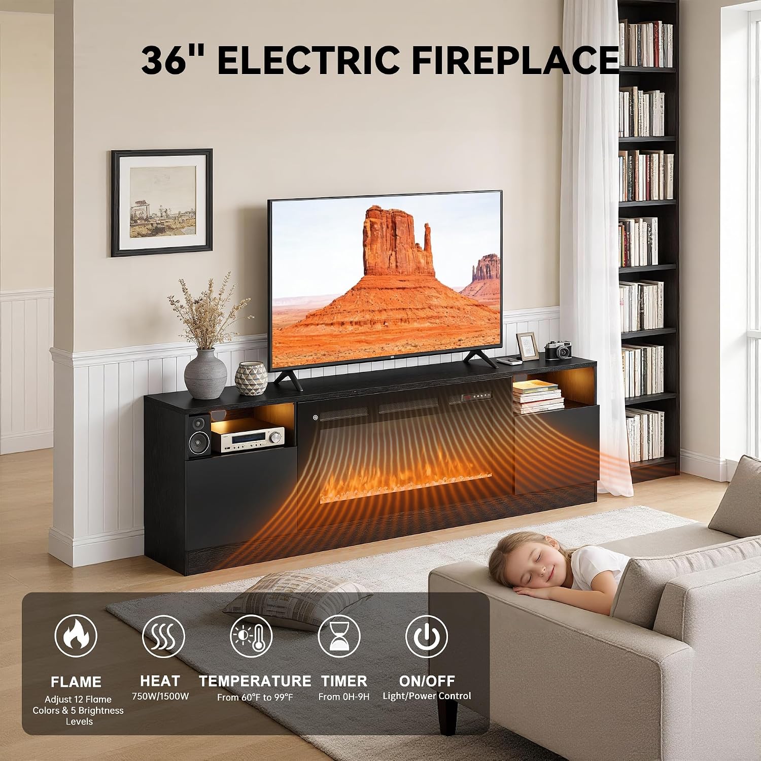 70' Fireplace TV Stand with 36' Electric Fireplace, LED Light Entertainment Center for TVs Up to 80', High-Gloss Door, Modern TV Console for Living Room with Storage Cabinet, Black+Black