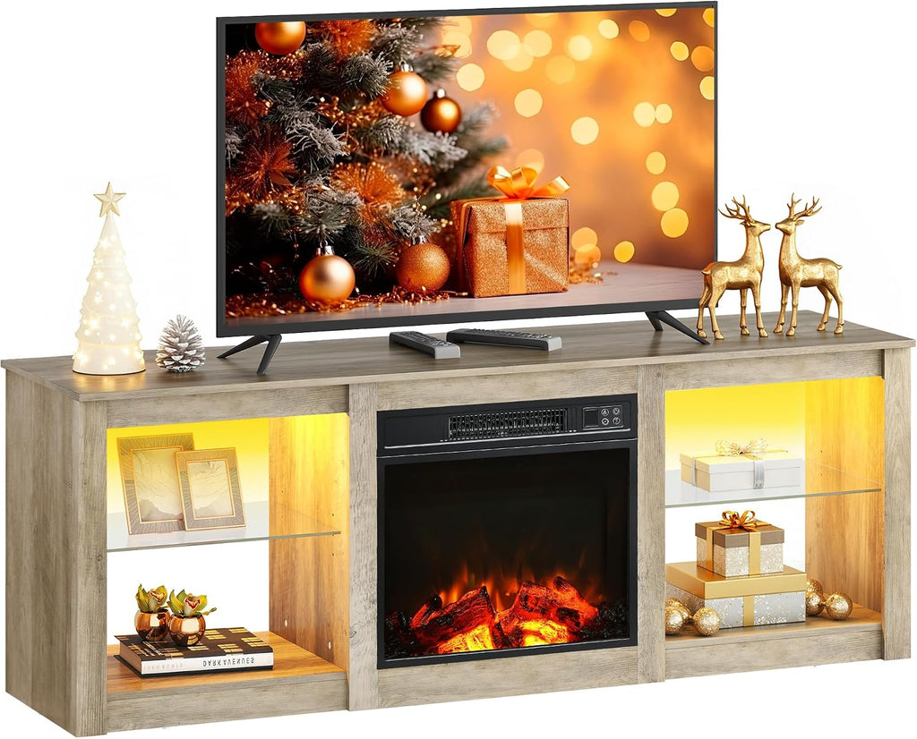 WLIVE 58 Inches Fireplace TV Stand with LED Lights, Modern Entertainment Center with 18'' Electric Fireplace & Adjustable Glass Shelves, Sturdy Media Console for Living Room, Bedroom (Grey Oak)