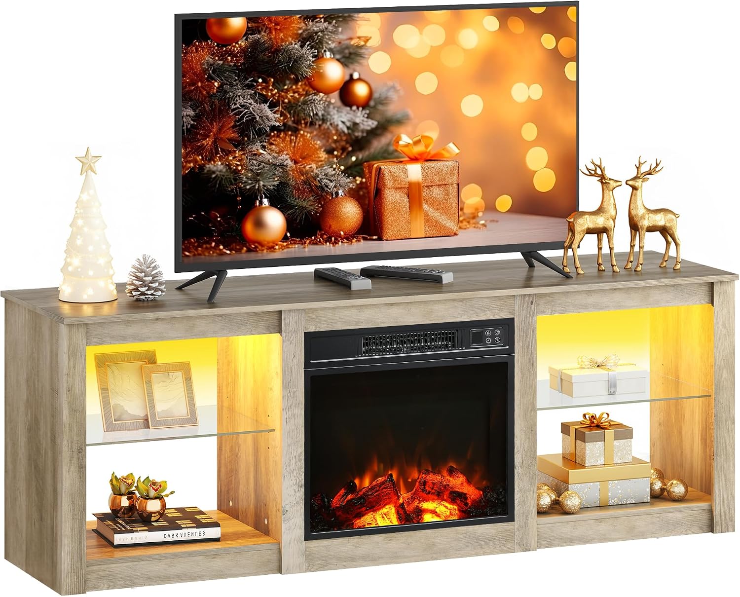 WLIVE 58 Inches Fireplace TV Stand with LED Lights, Modern Entertainment Center with 18'' Electric Fireplace & Adjustable Glass Shelves, Sturdy Media Console for Living Room, Bedroom (Grey Oak)