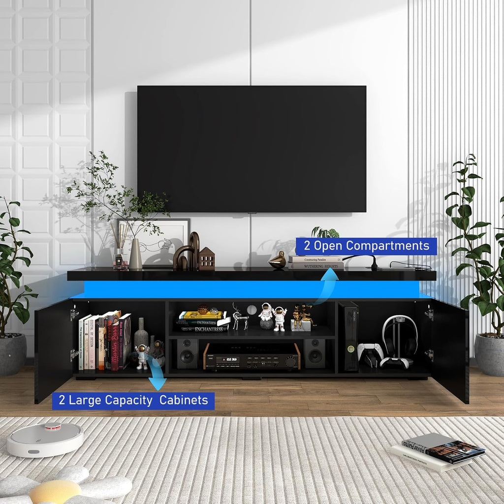 Hlivelood LED TV Stand for 75 Inch TV, Modern TV Stand with Power Outlet, High Gloss TV Console Entertainment Center with Storage and LED Lights for Living Room, Bedroom (66 Inch, Black)