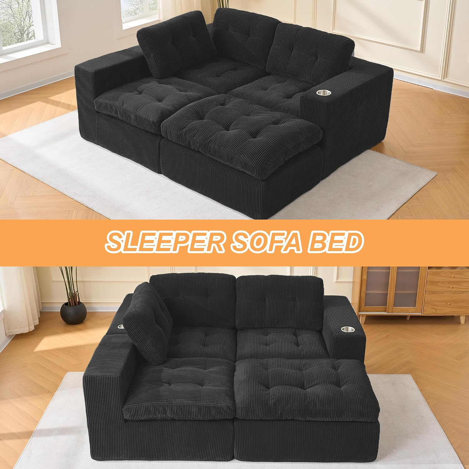 108' Modular Sectional Sofa, Cloud Sectional Couch with Deep Seat, Modern Modular L-Shape Sofa Couch with Chaise,Upholstered Couches for Living Room Bedroom (Matte Black)