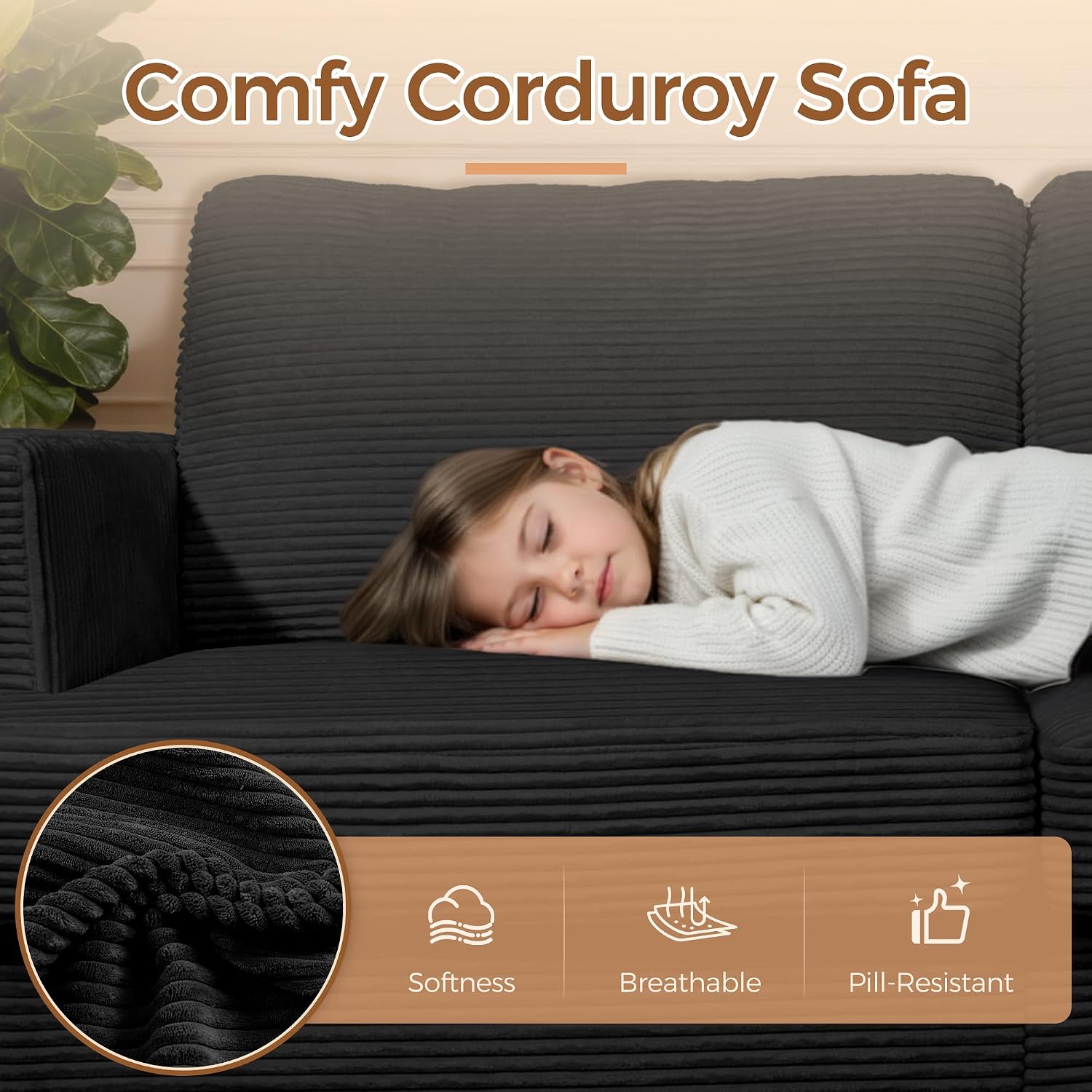 MAKIAAP 70' Loveseat Sofa for Living Room, Comfy Corduroy Couch with USB & Type-C Ports, Modern 2-Seater Deep Seat Small Couch for Bedroom, Apartment, Office – Soft Cushions & Sturdy Frame (Black)