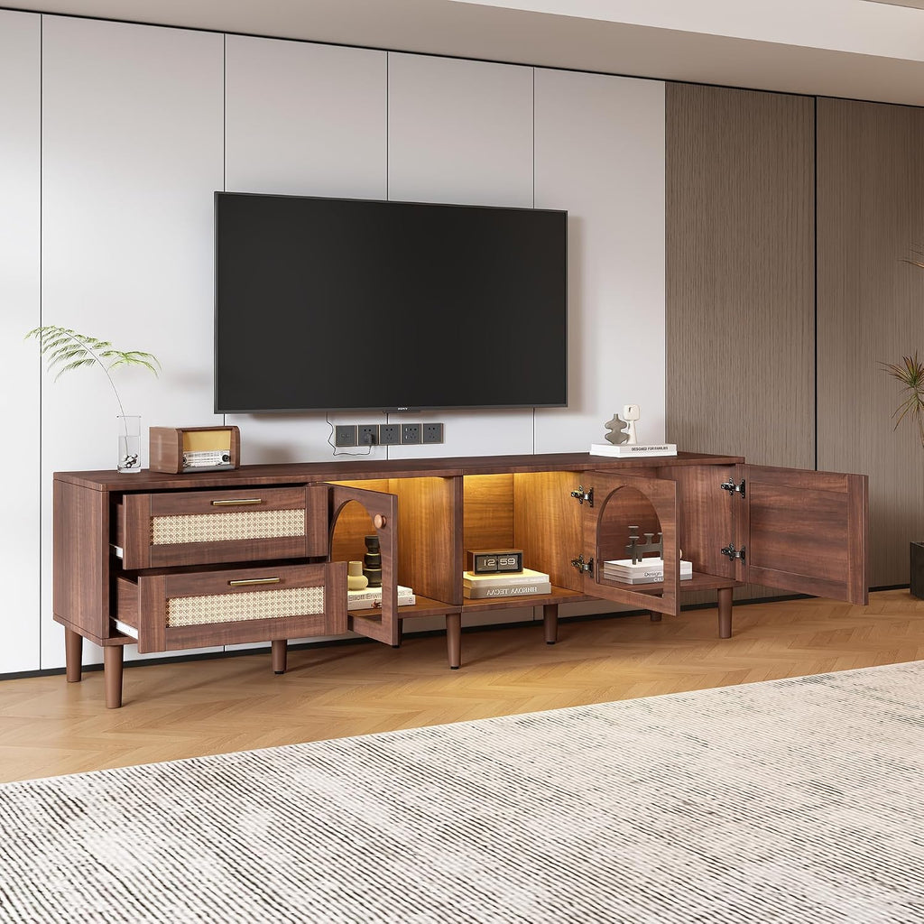 Rattan TV Stand with 3 Cabinets & 2 Drawers, LED Media Console Table for TVs up to 80'', TV Cabinet for Living Room, Entertainment Center，Bedroom, Home Theatre