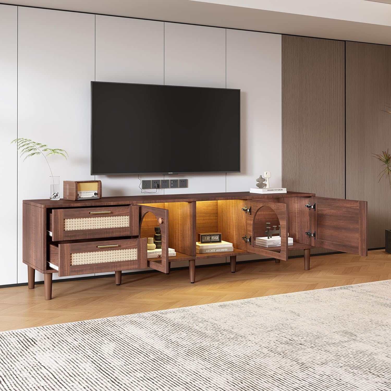 Merax Rattan TV Stand with LED Lights, 70' Entertainment Center with 3 Cabinets & 2 Drawers Media Console Table for TVs Up to 80', Solid Wood Feet, Living Room, Bedroom Furniture