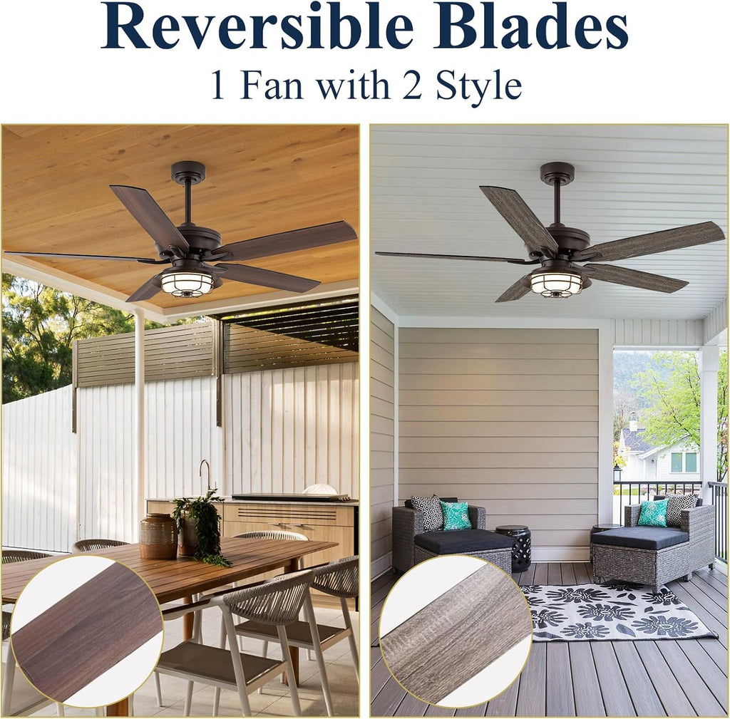 NORFOLK 52' Outdoor Ceiling Fans with Lights for Patios, Waterproof Ceiling Fan and Remote, Wet Rated and 3 Color LED Lighting, Farmhouse for Outside Gazebo Backyard Canopy, Grey Blades