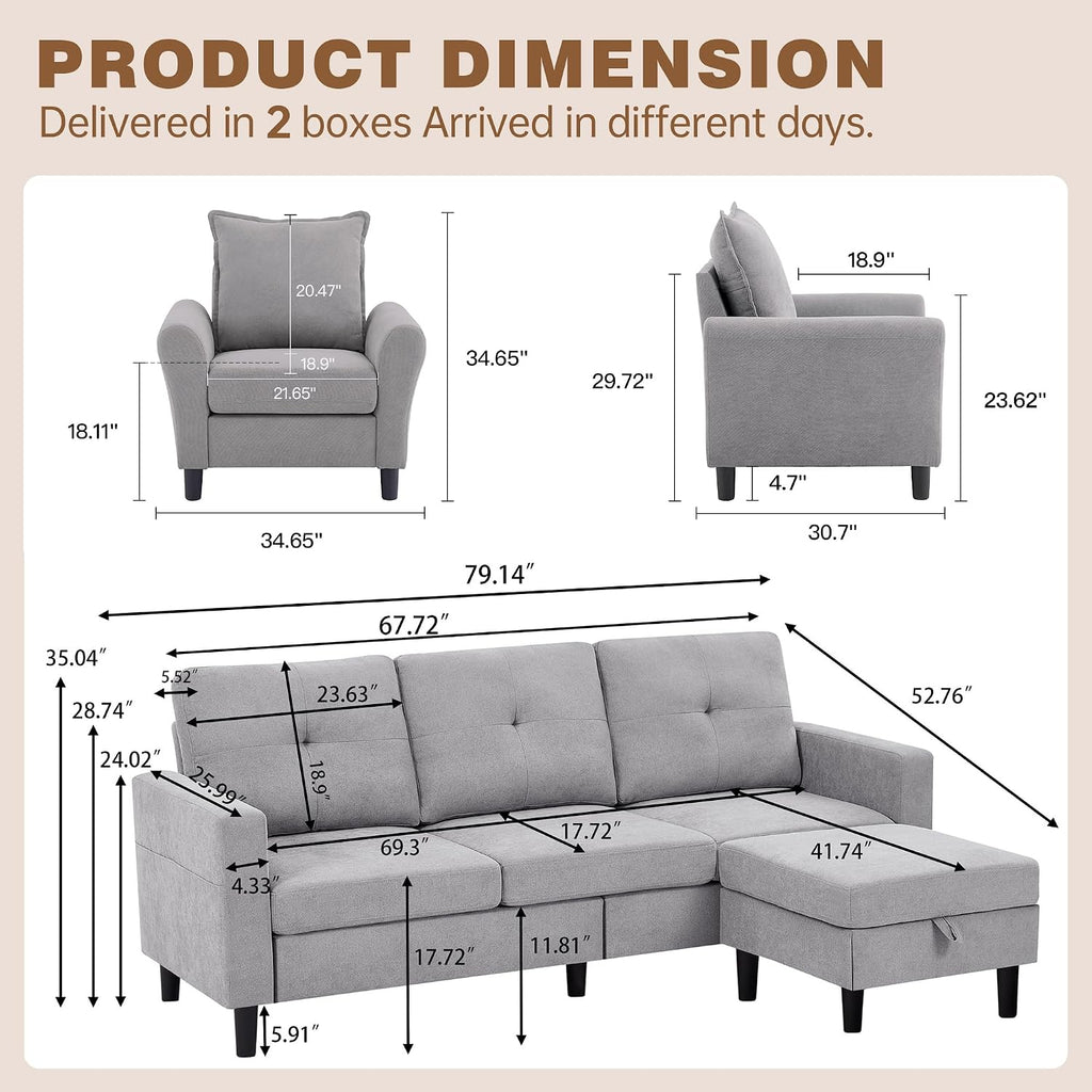3 Piece Living Room Sofa Sets, Modern 3 Seater Sofa with Storage Ottoman and 2 PSC Armchair Couch Sets, Easy Assembly, Modern 5 Seat Sectional Couches for Living Room, Office, Light Grey