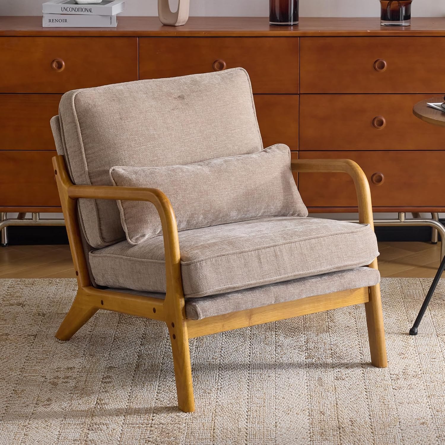 Karl home Mid Century Modern Accent Chair with Lumbar Pillow & Oak Arms – Plush Chenille Living Room Chair for Bedroom, Lounge (Khaki)