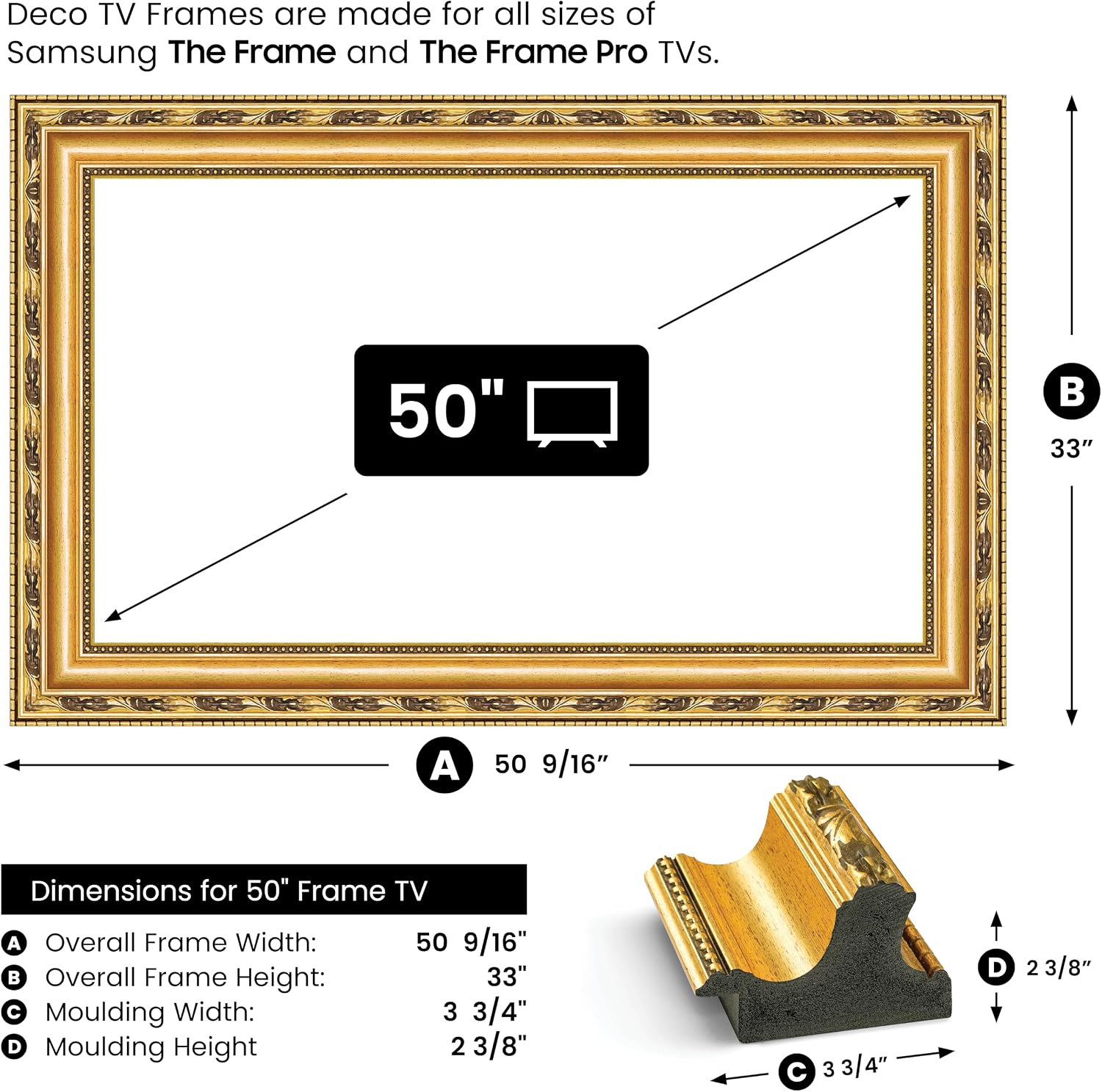 Ornate Gold 50' Premiere Deco TV Frame - Compatible ONLY with Samsung The Frame TVs (Fits 2021-2026, LS03A, LS03B, LS03C, LS03D, LS03FA)