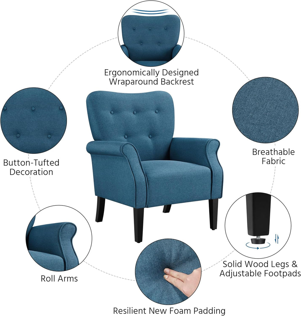 Yaheetech Modern Armchair, Mid Century Accent Chair with Sturdy Wood Legs and High Back for Small Space, Upholstered Fabric Sofa Club Chair for Living Room/Bedroom/Office, Set of 2, Navy Blue