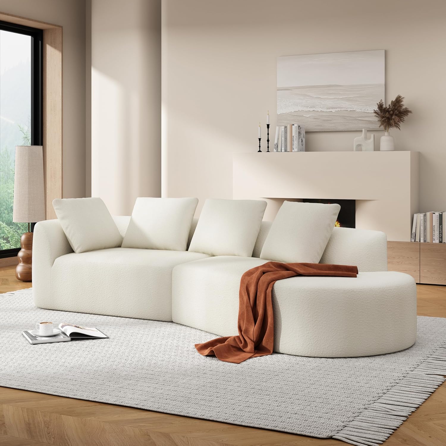 Merax 116' Curved Polyester Sectional Sofa, Modern Pearl Upholstery 3 Seat Cloud Couch with Chaise Lounge & 4 Pillows for Living Room, Beige