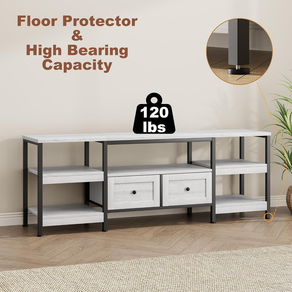 GarveeHome Rustic 71 in TV Stand for TVs Up to 75', Industrial Media Console with 2 Drawers and Open Storage Shelves, Sturdy Metal Frame Entertainment Center, White