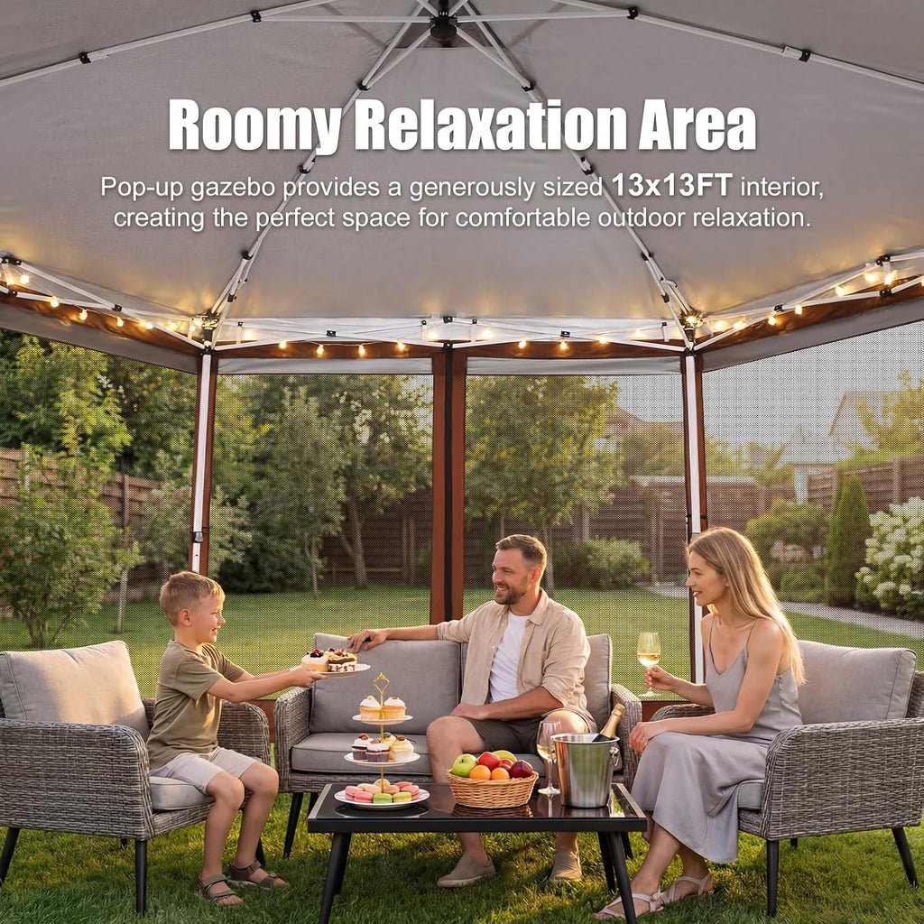 COBIZI 14x14 Pop Up Gazebo Tent with Mosquito Netting, Gazebos on Clearance, Hexagonal Outdoor Canopy Shelter, Patented Center Lock 6-Sided Portable Gazebos, Pop Up Canopy Tent for Backyard, Brown