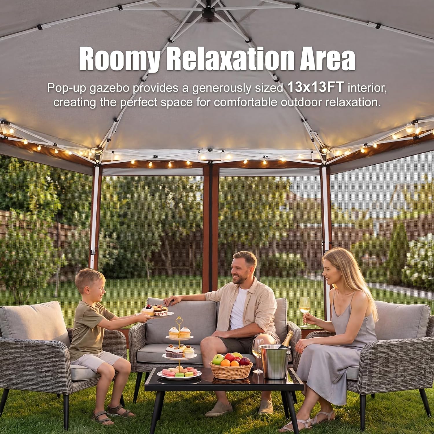 COBIZI 14x14 Pop Up Gazebo Tent with Mosquito Netting, Gazebos on Clearance, Hexagonal Outdoor Canopy Shelter, Patented Center Lock 6-Sided Portable Gazebos, Pop Up Canopy Tent for Backyard, Brown