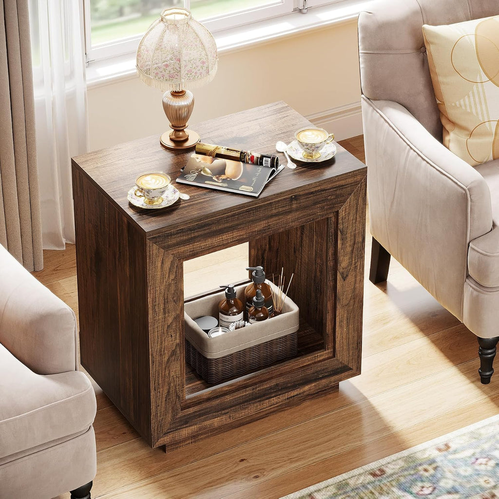 Tribesigns Rustic Wood End Table, 2 Tiered Square Side Table with Storage Shelf, Industrial Sofa Side Table for Living Room, Entrance (Rustic Brown) (1) (2, Brown)