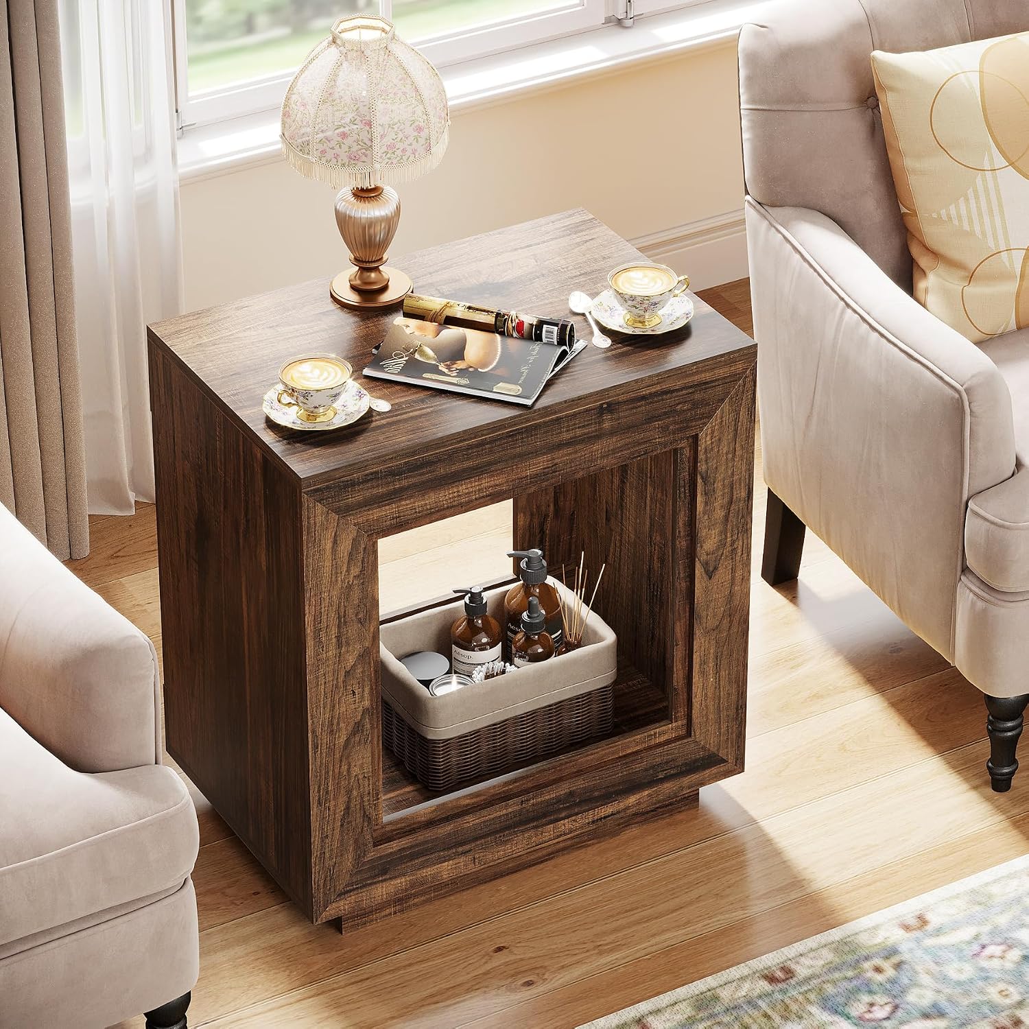 Tribesigns Rustic Wood End Table, 2 Tiered Square Side Table with Storage Shelf, Industrial Sofa Side Table for Living Room, Entrance (Rustic Brown) (1) (2, Brown)