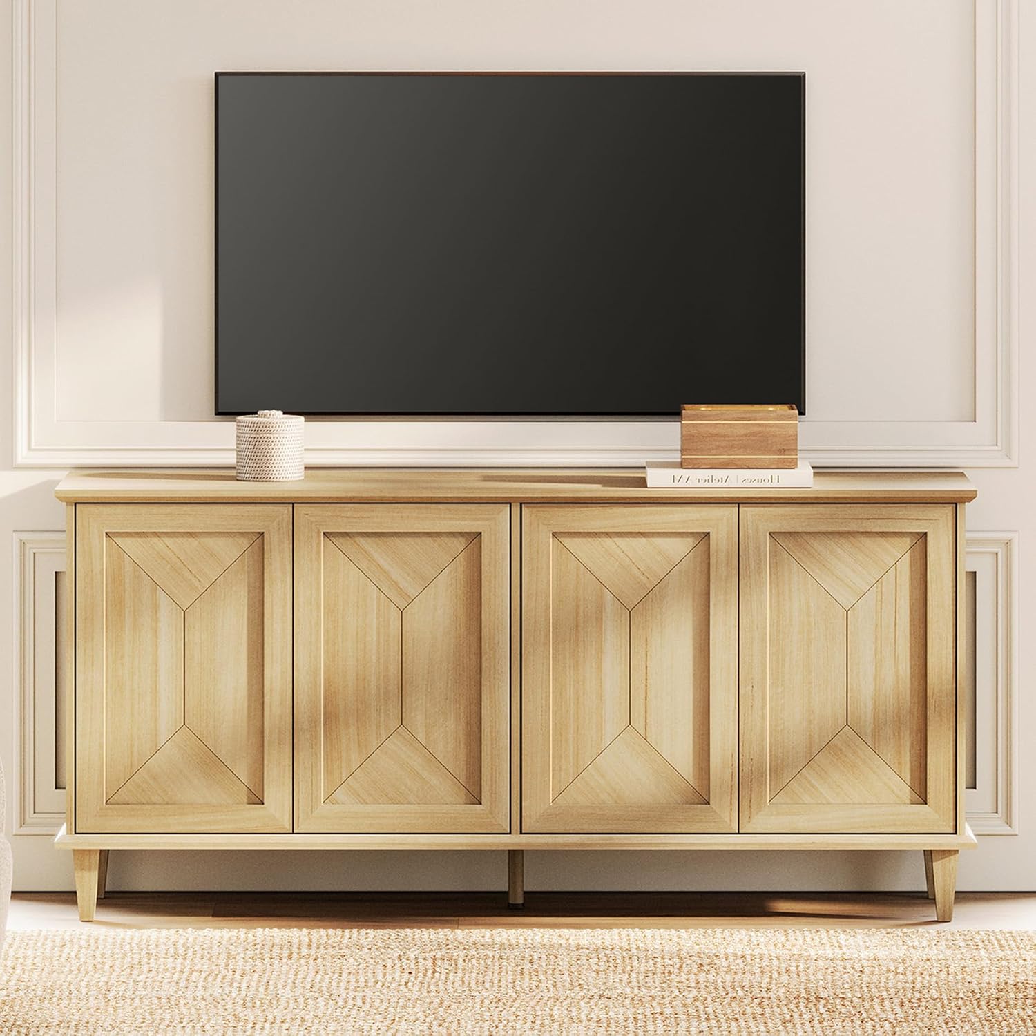 WAMPAT 65' Modern Farmhouse TV Stand with Handcrafted Patchwork Doors for 55-75' TVs, Entertainment Center Console with Cable Management, Adjustable Shelves Storage for Living Room, Natural Oak