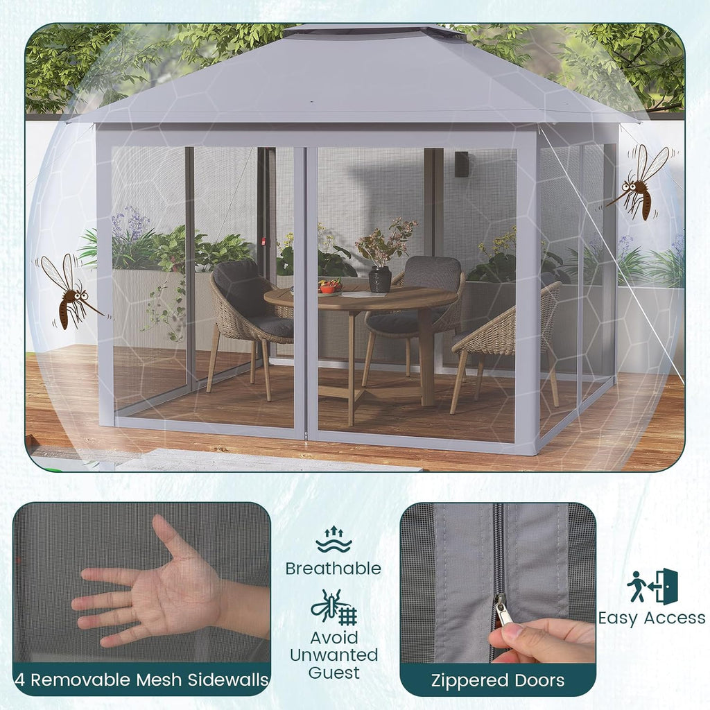 Goplus11 ft × 11 ft Pop up Gazebo, Portable Screen Canopy Shelter w/Mesh Netting Sidewalls, Vented Top, Drainage Holes, Heavy-Duty Height Adjustable Easy Setup Party Tent for Backyard
