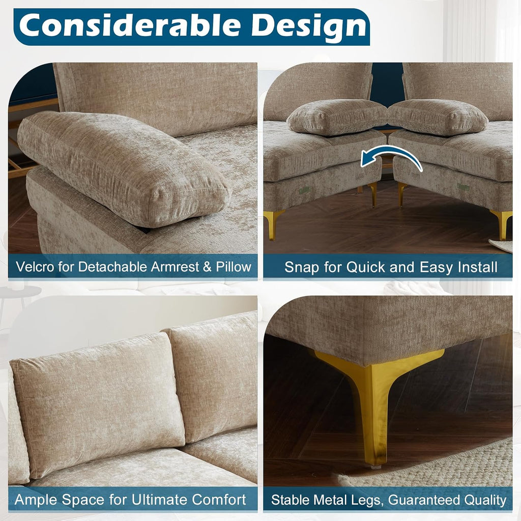 VINGLI 110' Large U-Shape Sectional Sofa Couch with 51' D Double Chaise for Living Room, Modern Sectional Couch Set with Soft 5.9' Thickness Seating Padding, Chenille Fabric,Metal Gold Legs(Khaki)