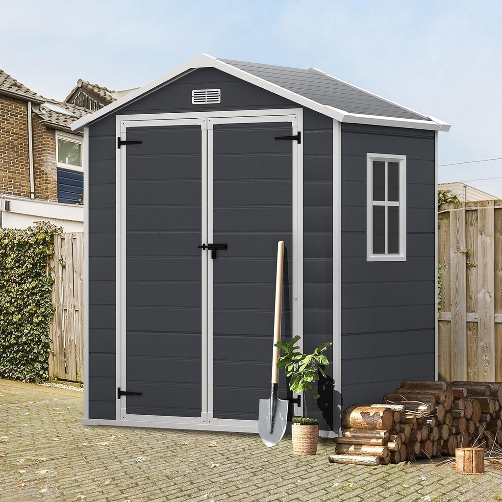 Seizeen 6x4.4ft Resin Shed with Floor, Waterproof Outdoor Plastic Shed w/Lockable Doors, Window & Vents, Outdoor Storage Shed for Storing Lawn Mower, Patio Furniture, Tools, Bike (Dark Gray)