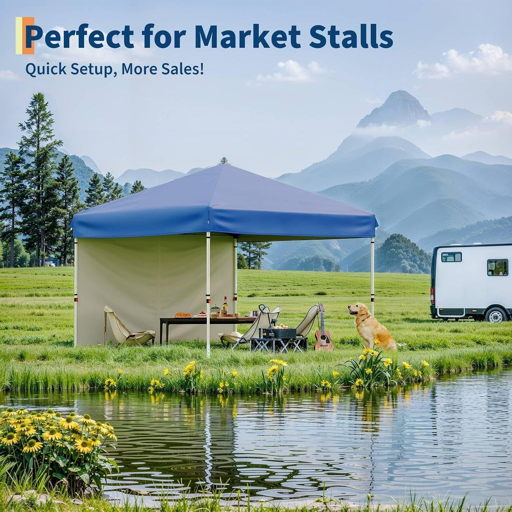 10x10 Pop Up Canopy, GarveeLife Heavy Duty Canopy Tent with One-Button Push Setup, Portable Roller Bag and 1 Sidewall, Pop Up Canopies with Adjustable Height and 4 Weight Bags (Blue, 10x10 1sidewall)