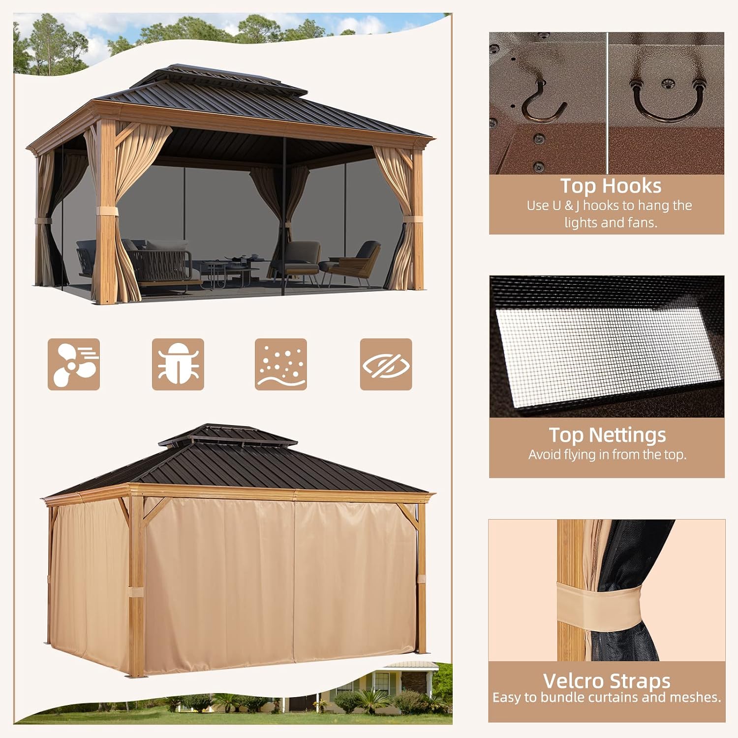 MELLCOM 10'x12' Hardtop Gazebo, Wooden Finish Coated Aluminum Frame Canopy with Galvanized Steel Roof, Outdoor Metal Gazebos with Curtains and Nettings for Patio, Backyard, Deck and Lawns